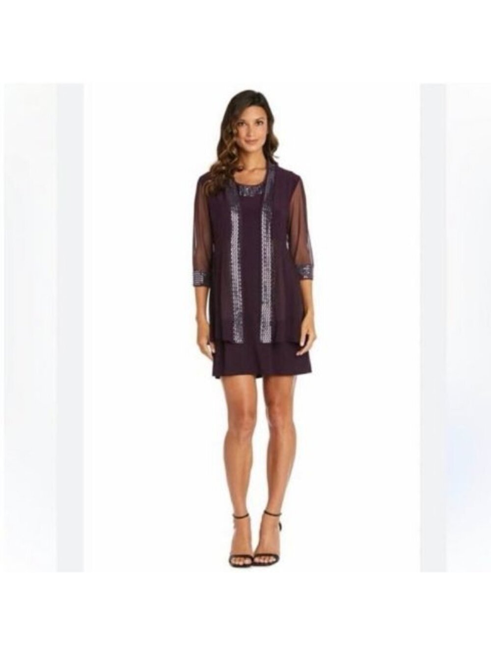R&M Richards Purple Beaded Sheer Sleeve 2 Piece Jacket Dress Size 14